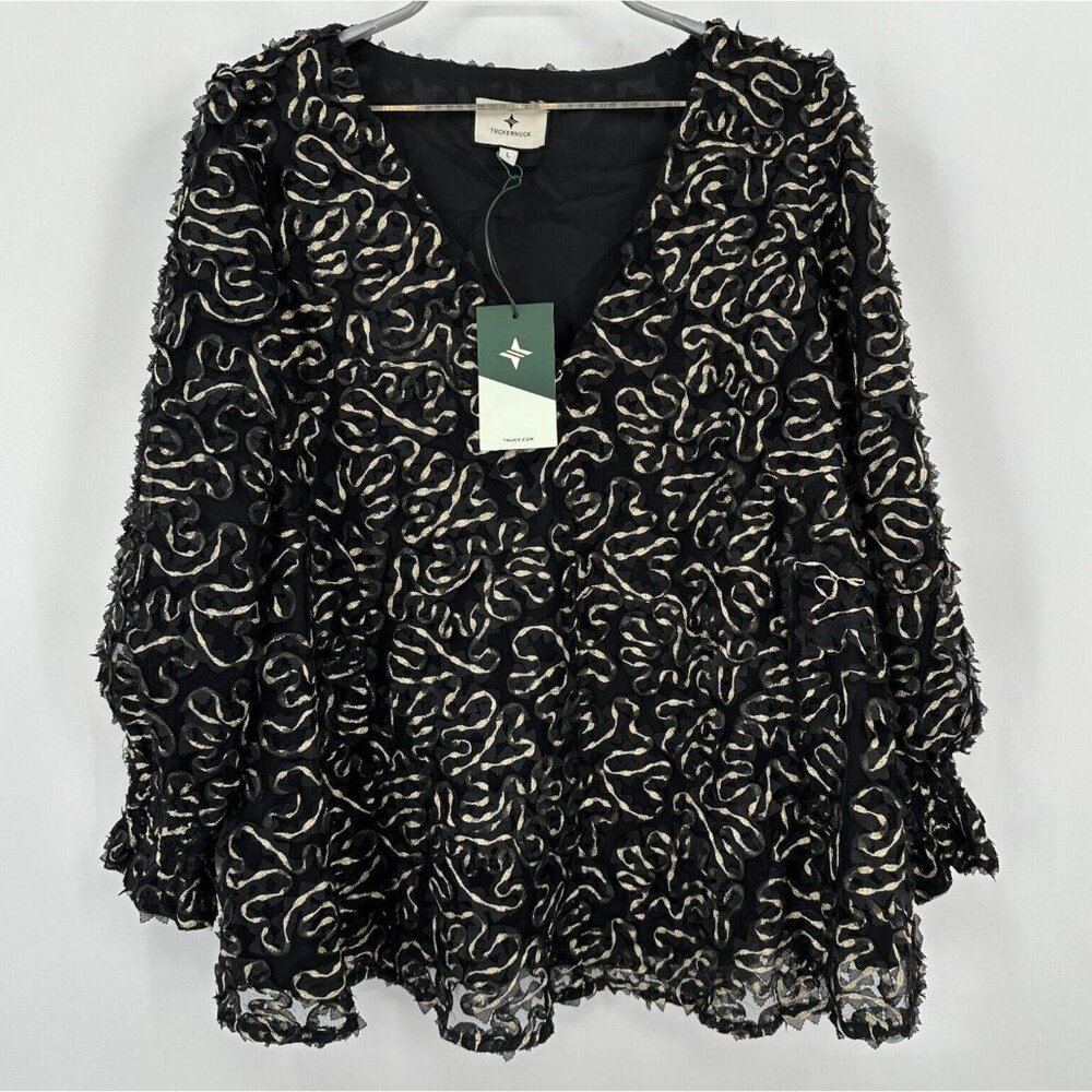 Tuckernuck Nightly Organza Easton Blouse sz L Women's Swing Blouse Ruffles Black